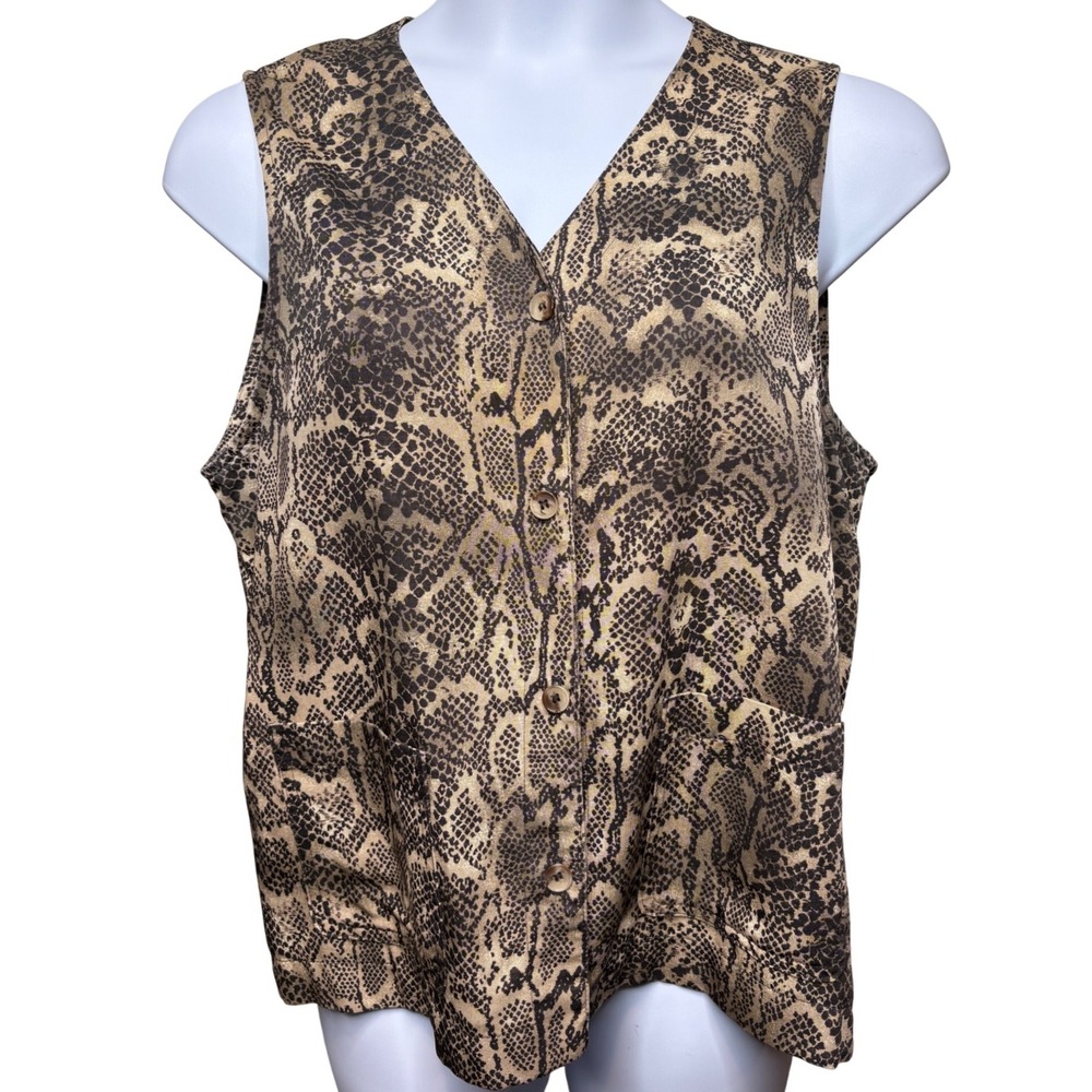 JONES NEW YORK Womens Tan Snakeskin Button Vest Sz L Mobwife Safari Neutral Chic